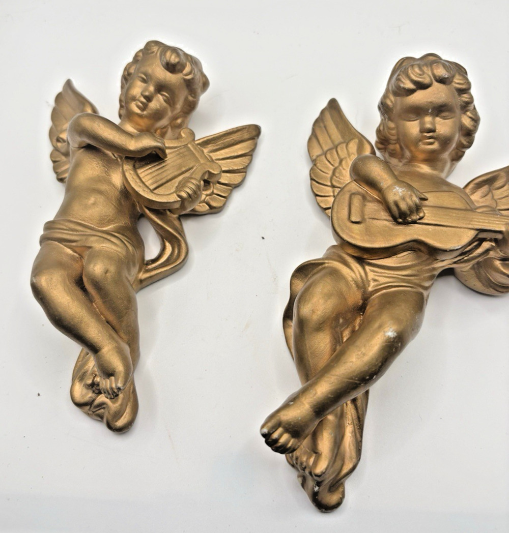 Vintage Gold Tone Cherub Angel Set 2 Japan Gallery Signed Andrea Chalkware 7"